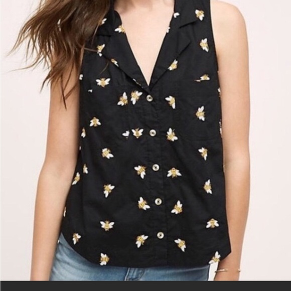 HD in Paris Tops - HD in Paris Embroidered Bee Black Sleeveless Shirt Button collared Tank top